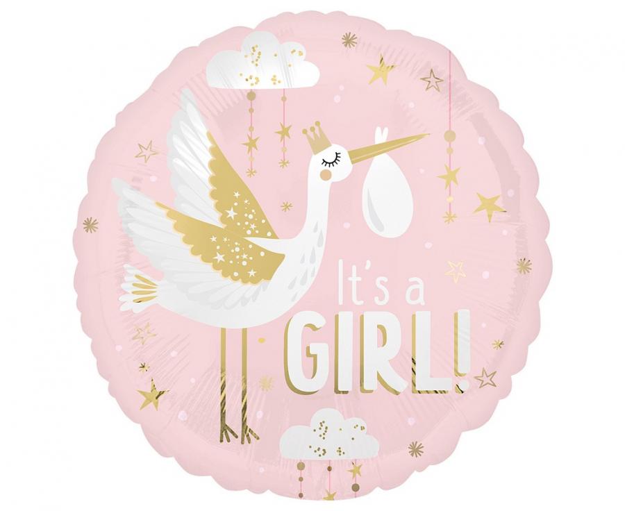  Balon foliowy 18" - Special delivery baby girl, okrągły 46 cm, baby shower, bocian - Amscan / Anagram zdjęcie 1