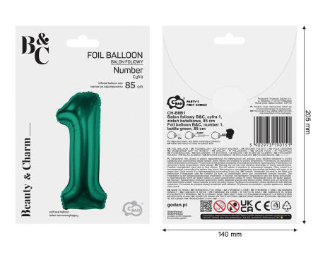 Balon foliowy B&C, cyfra 1, zieleń butelkowa, 85 cm - Godan S.A. zdjęcie 4