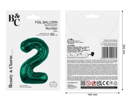Balon foliowy B&C, cyfra 2, zieleń butelkowa, 85 cm - Godan S.A. zdjęcie 4