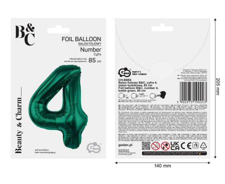 Balon foliowy B&C, cyfra 4, zieleń butelkowa, 85 cm - Godan S.A. zdjęcie 4