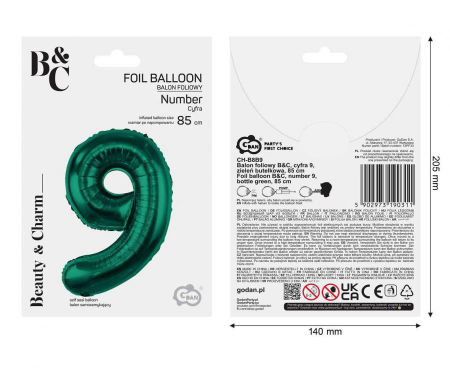 Balon foliowy B&C, cyfra 9, zieleń butelkowa, 85 cm - Godan S.A. zdjęcie 3