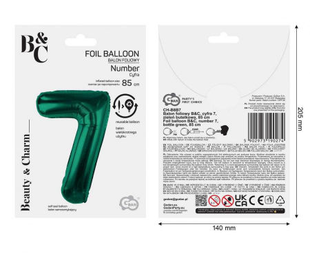 Balon foliowy B&C, cyfra 7, zieleń butelkowa, 85 cm - Godan S.A. zdjęcie 3