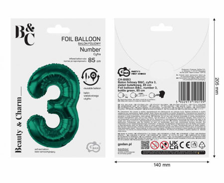 Balon foliowy B&C, cyfra 3, zieleń butelkowa, 85 cm - Godan S.A. zdjęcie 4