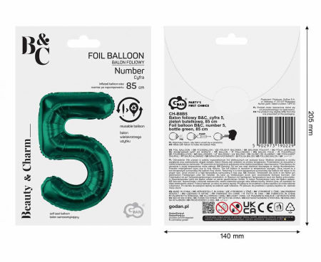 Balon foliowy B&C, cyfra 5, zieleń butelkowa, 85 cm - Godan S.A. zdjęcie 4