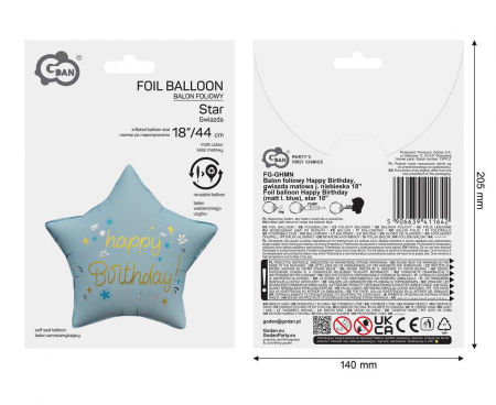 Balon foliowy Happy Birthday, gwiazda matowa j. niebieska 18" - Godan zdjęcie 3
