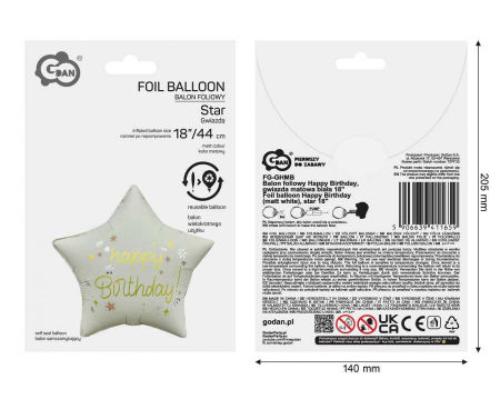 Balon foliowy Happy Birthday, gwiazda matowa biała 18" - Godan zdjęcie 3