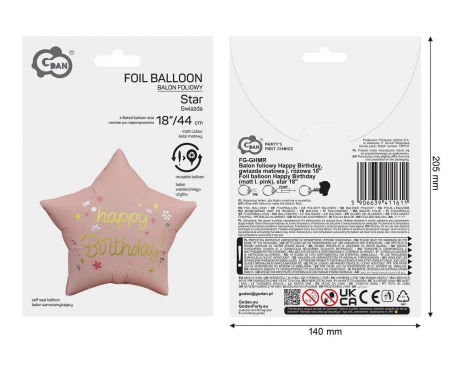 Balon foliowy Happy Birthday, gwiazda matowa j. różowa 18" - Godan zdjęcie 3