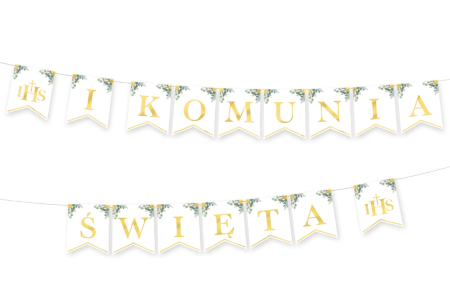 Girlanda papierowa, Baner Pierwsza I Komunia Święta, eukaliptus, 240 cm