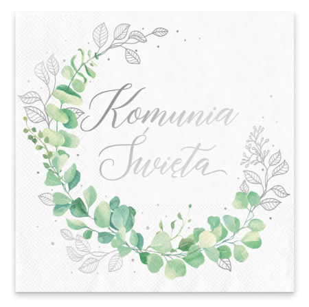 Serwetki komunijne, Pierwsza Komunia Święta, Eukaliptus, zielony i srebrny nadruk, 10szt.