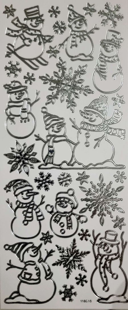 Naklejki ażurowe metaliczne, stickersy - bałwanki, srebrne, arkusz 24x10