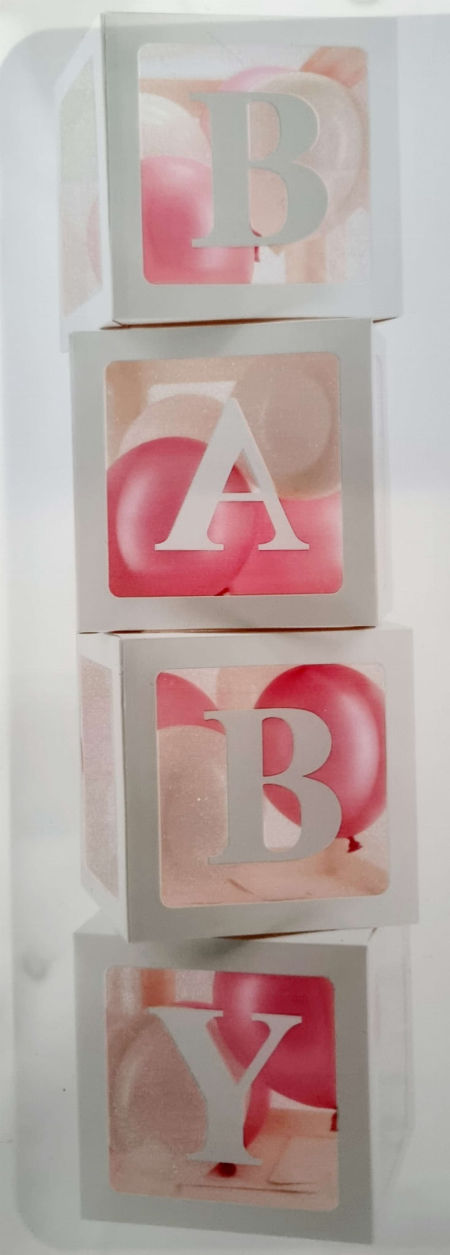 Pudełka box, napis BABY, balony różowe, białe, 30x30x30, 4 pudełka + 16 balonów