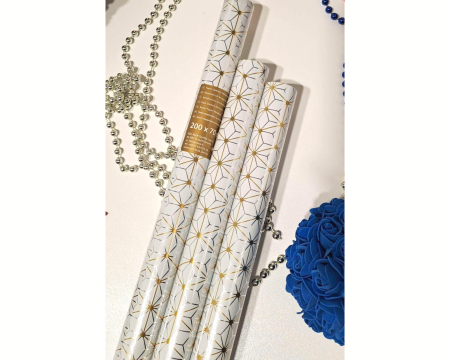 Ekskluzywny papier prezentowy, metalizowany, 70x200cm, biały, złoty geometryczny nadruk