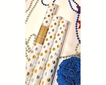 Ekskluzywny papier prezentowy, metalizowany, 70x200cm, biały, złote i srebrne groszki