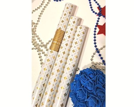 Ekskluzywny papier prezentowy, metalizowany, 70x200cm, biały, złote kwiatki