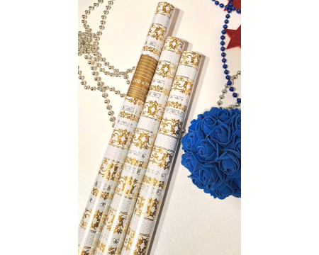 Ekskluzywny papier prezentowy, metalizowany, 70x200cm, biały, złote malowidła