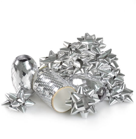 Zestaw do pakowania prezentów, srebrny, wstążki + kokardki, 16 el.