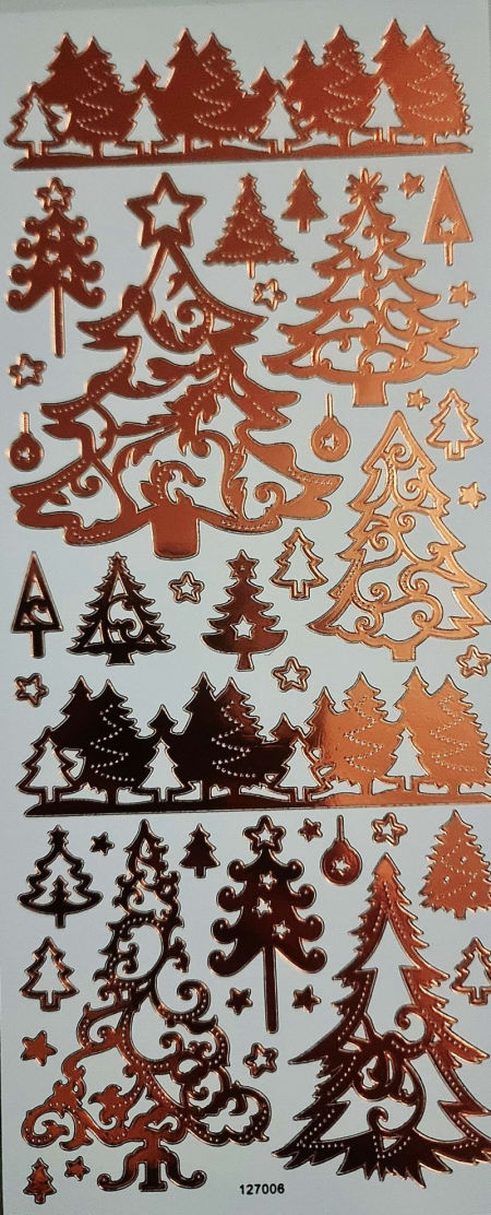 Naklejki ażurowe metaliczne, stickersy - choinki, różowe złoto, arkusz 24x10