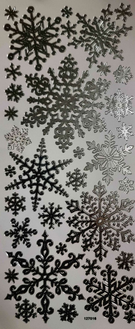 Naklejki ażurowe metaliczne, stickersy - płatki śniegu, srebrne, arkusz 24x10