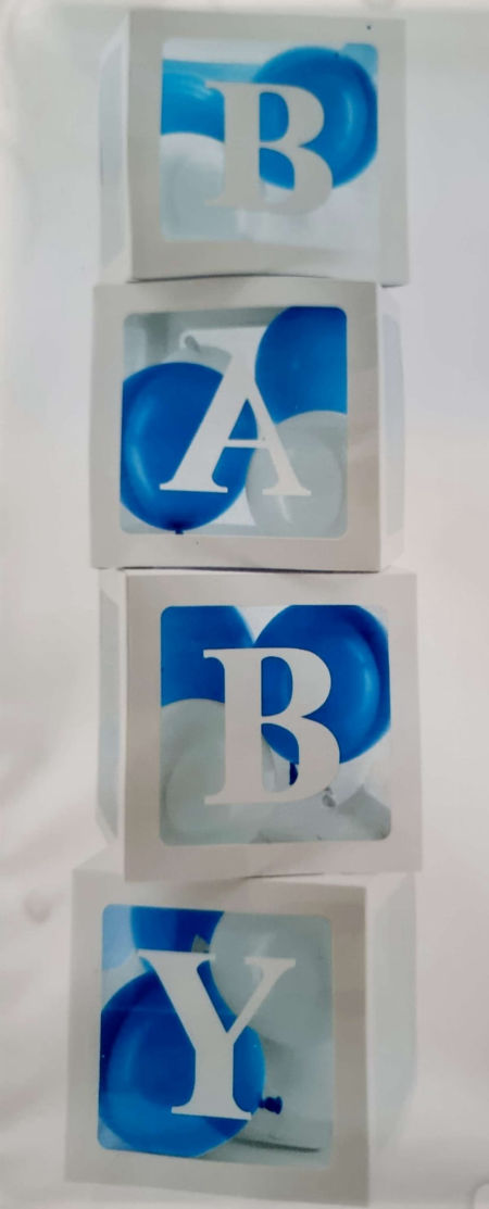 Pudełka box, napis BABY, balony niebieskie, białe, 30x30x30, 4 pudełka + 16 balonów