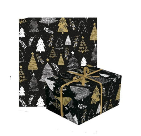 Papier prezentowy czarny, białe, złote choinki, Boże Narodzenie, 70x200cm