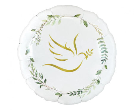 Balon foliowy Chrzest/Ślub, Gołąbek z listkami, okrągły 18