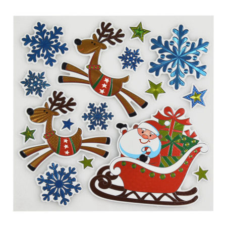 Naklejki holograficzne, renifery, Mikołaj w saniach, arkusz 18x18cm