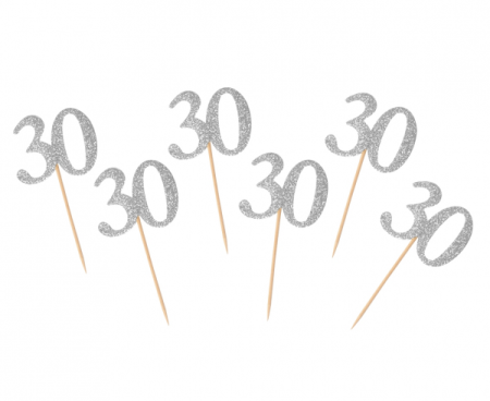 Piker B&C 30 urodziny, srebrny, 6 szt., 30 urodziny, trzydziestka
