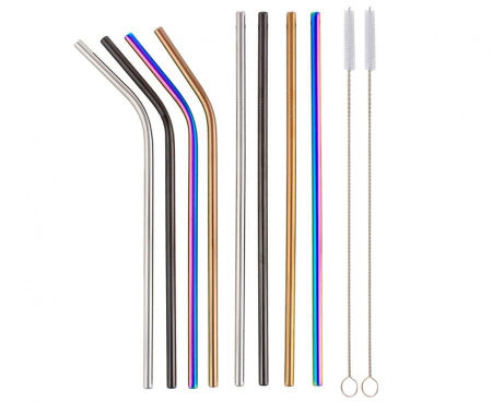 Słomki, rurki metalowe, mix kolorów, 4 proste, 4 zagięte i 2 szczoteczki