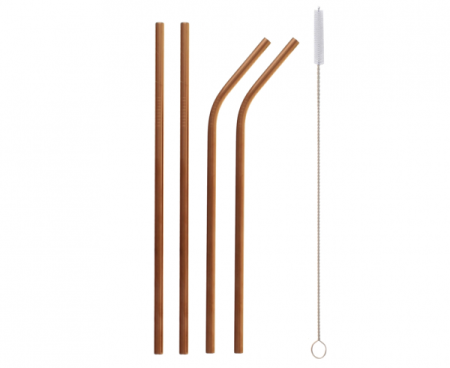 Słomki, Rurki metalowe, różowo-złote, 2 zagięte, 2 proste i szczoteczka