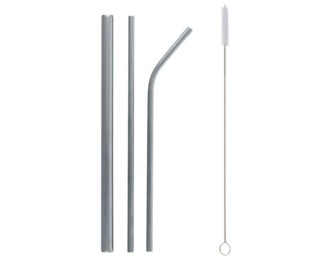 Słomki, rurki METALOWE srebrne, 3 szt. (1 shake, 1 prosta, 1 zagięta) + szczoteczka
