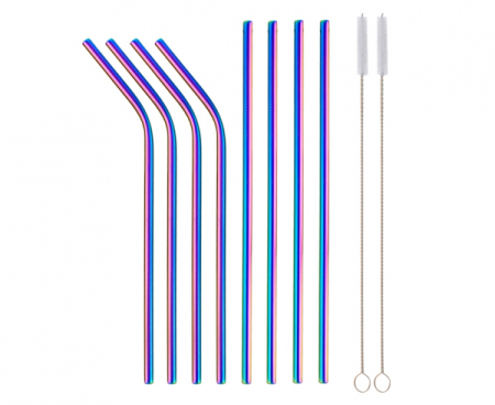 Słomki, Rurki metalowe, tęczowe, 4 proste, 4 zagięte i 2 szczoteczki