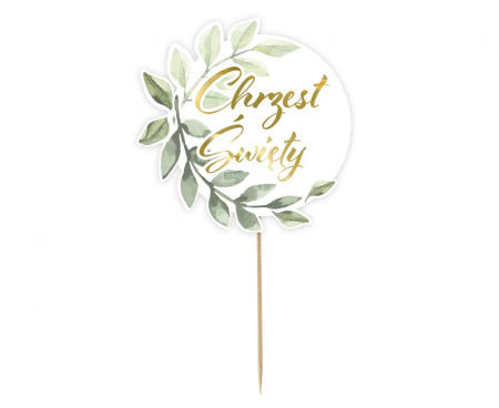 Dekoracja papierowa (topper, piker) na tort Chrzest Święty, listki, średnica 14 cm