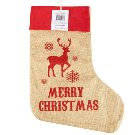 Skarpeta świąteczna, jutowa, Merry Christmas, renifer, 45cm