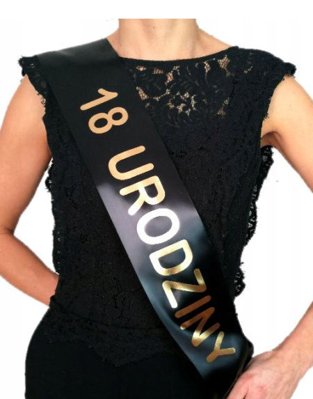 Szarfa 18 urodziny, czarna, złoty napis, osiemnastka